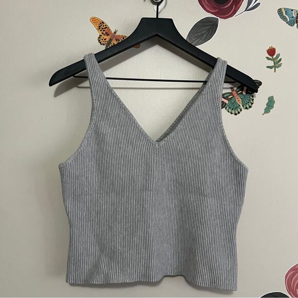 House of Harlow 1960 Gray Ribbed V-Neck Sculpt Knit Tank Top L - Picture 1 of 7